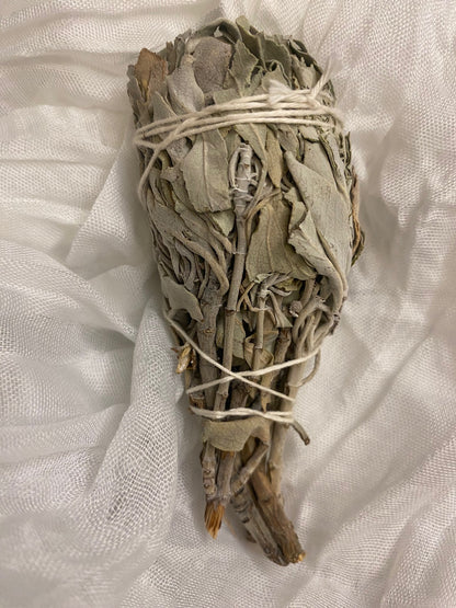 Single Californian White Sage Wand laying flat one white cheesecloth like fabric with a close up shot of the grey-green leaves and stalks.