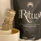Ceremonial grade cacao bag with a Eucalyptus smudge bundle on a neutral background